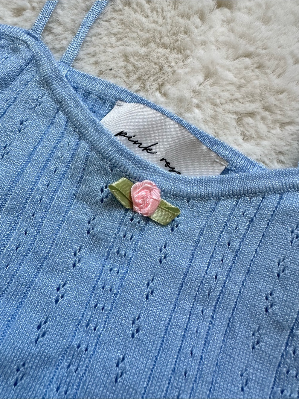 Pink Rose Light Blue Knit Pointelle Tank, Cardigan & Pants Set S - Picture 11 of 16